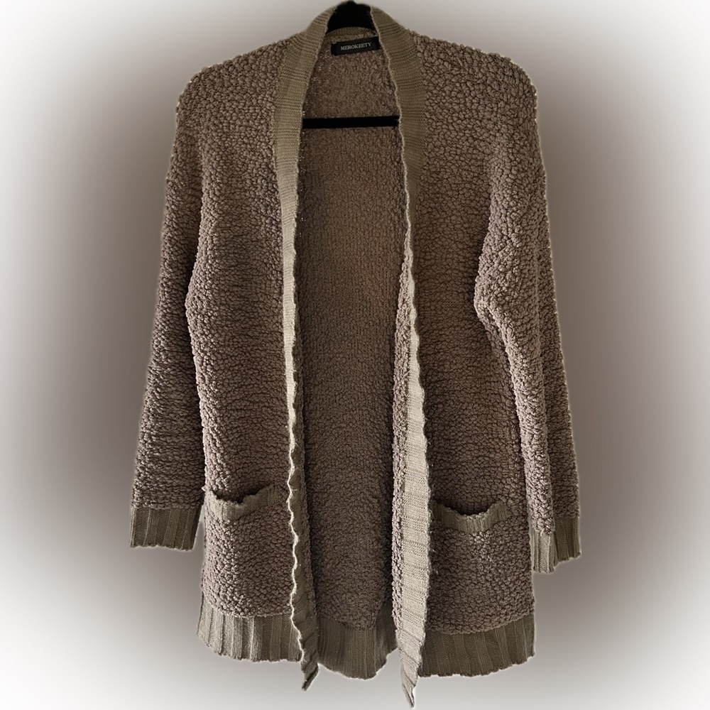MEROKEETY Popcorn Knit Open Front Cardigan Cozy Bouclé Sweater Pockets